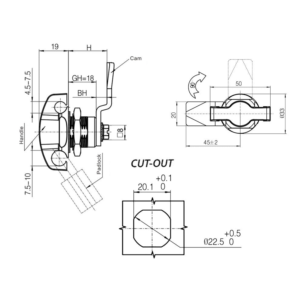 Padlockable Quarter Turn Lock with Wing - Steel