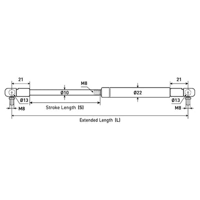 Gas Strut 10mm x 22mm  -  Max Length 405mm  -  Force Force 50N - 1200N