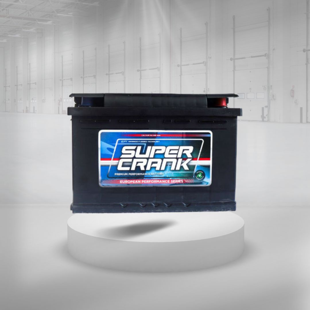 Super Crank Automotive Battery on a white Platform with a shine
