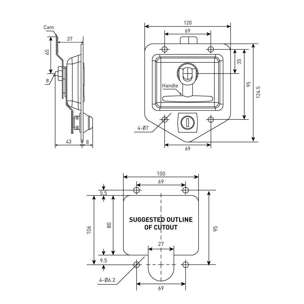 Drop T Handle Lock  -  100 Fixing Centers (mm)