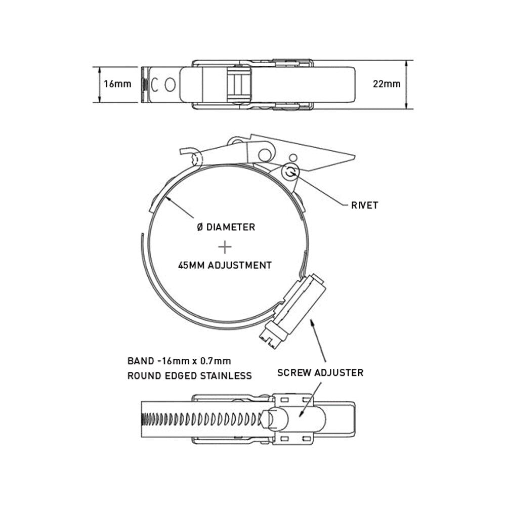 Hi - Torque Rigid Claw Quick Release Bandclamp 70 - 115mm Diameter  -  Stainless Steel