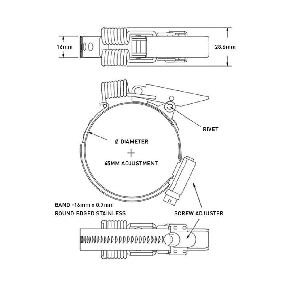 Hi - Torque Spring Claw Quick Release Bandclamp 70 - 115mm Diameter  -  Stainless Steel