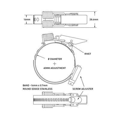 Hi - Torque Spring Claw Quick Release Bandclamp 70 - 115mm Diameter  -  Stainless Steel